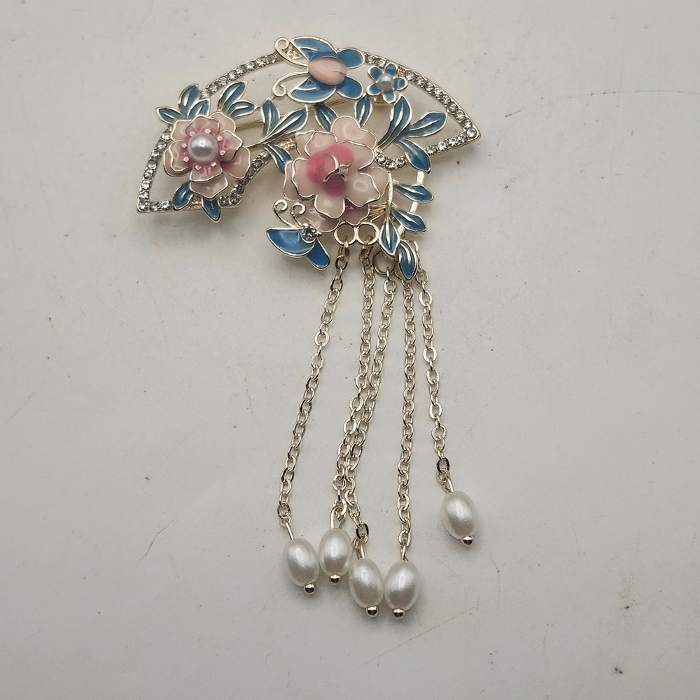 Asian Inspired Fan Brooch Pink Blue Enamel Floral Rhinestone Pearl Tassel Pin